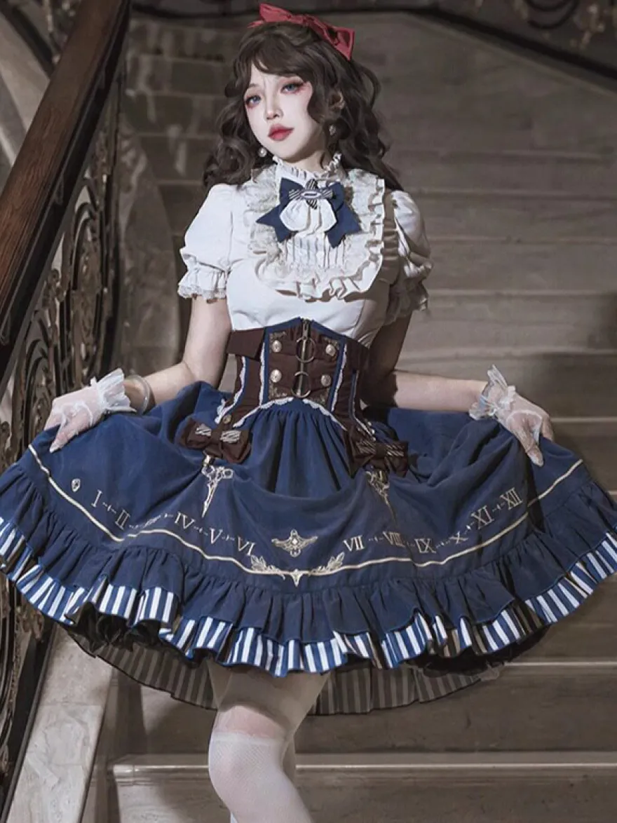 Ensemble de robes Lolita gothiques bleu marine foncé à volants et manches courtes