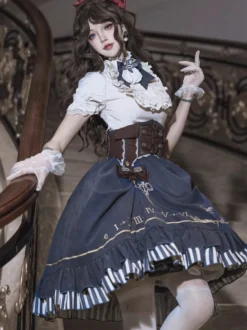 Ensemble de robes Lolita gothiques bleu marine foncé à volants et manches courtes