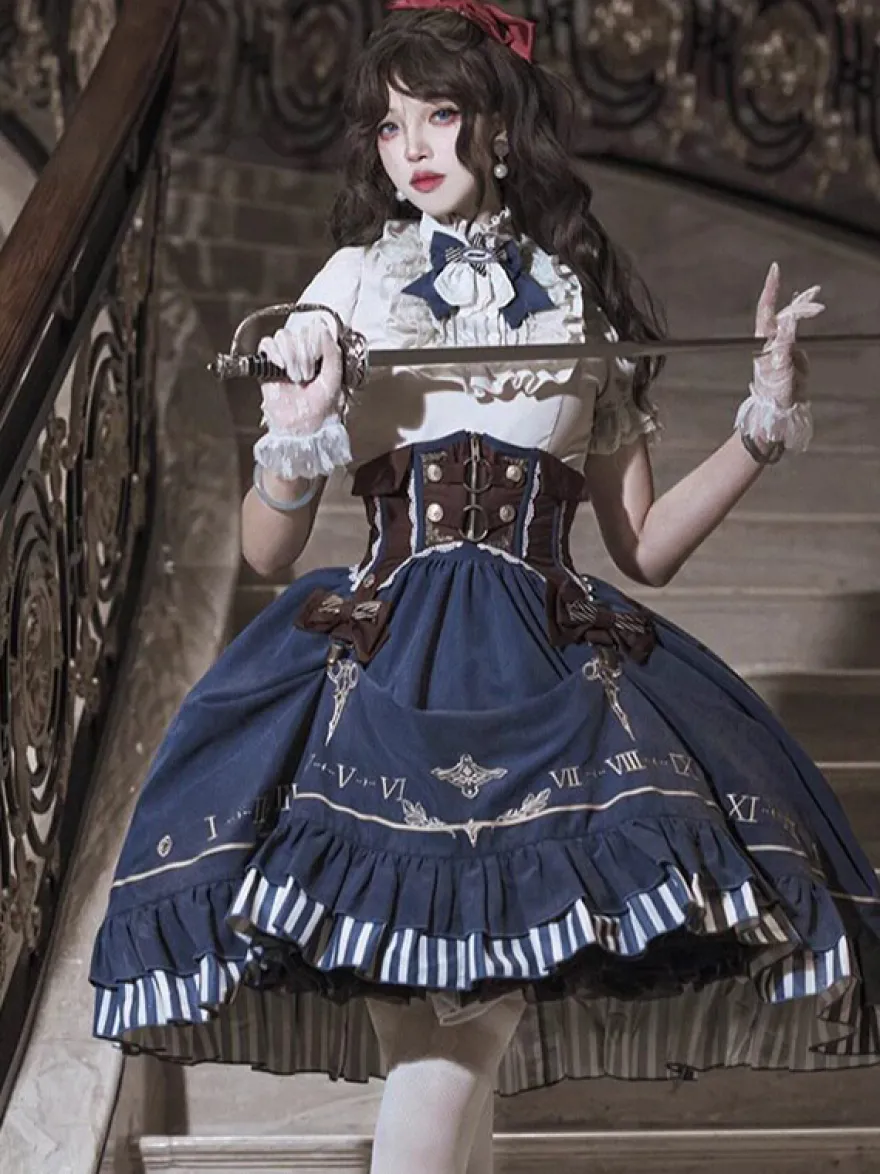Ensemble de robes Lolita gothiques bleu marine foncé à volants et manches courtes