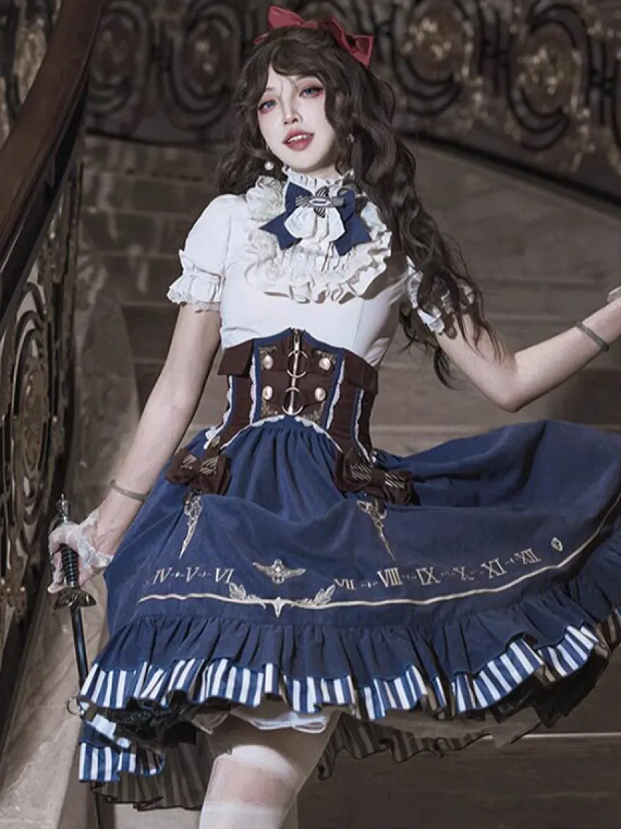 Ensemble de robes Lolita gothiques bleu marine foncé à volants et manches courtes
