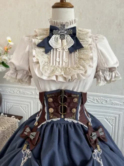 Ensemble de robes Lolita gothiques bleu marine foncé à volants et manches courtes
