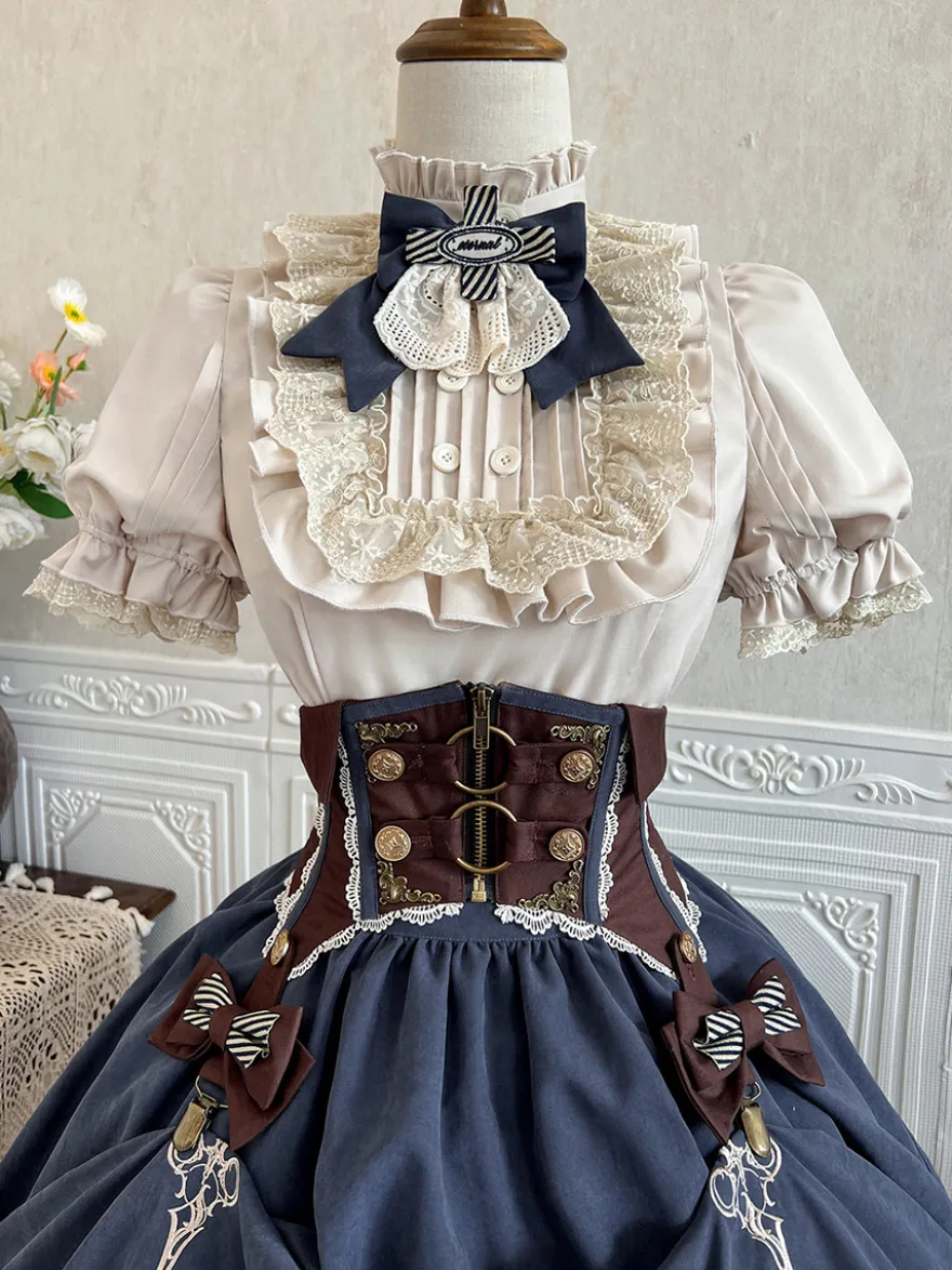 Ensemble de robes Lolita gothiques bleu marine foncé à volants et manches courtes