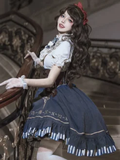 Ensemble de robes Lolita gothiques bleu marine foncé à volants et manches courtes
