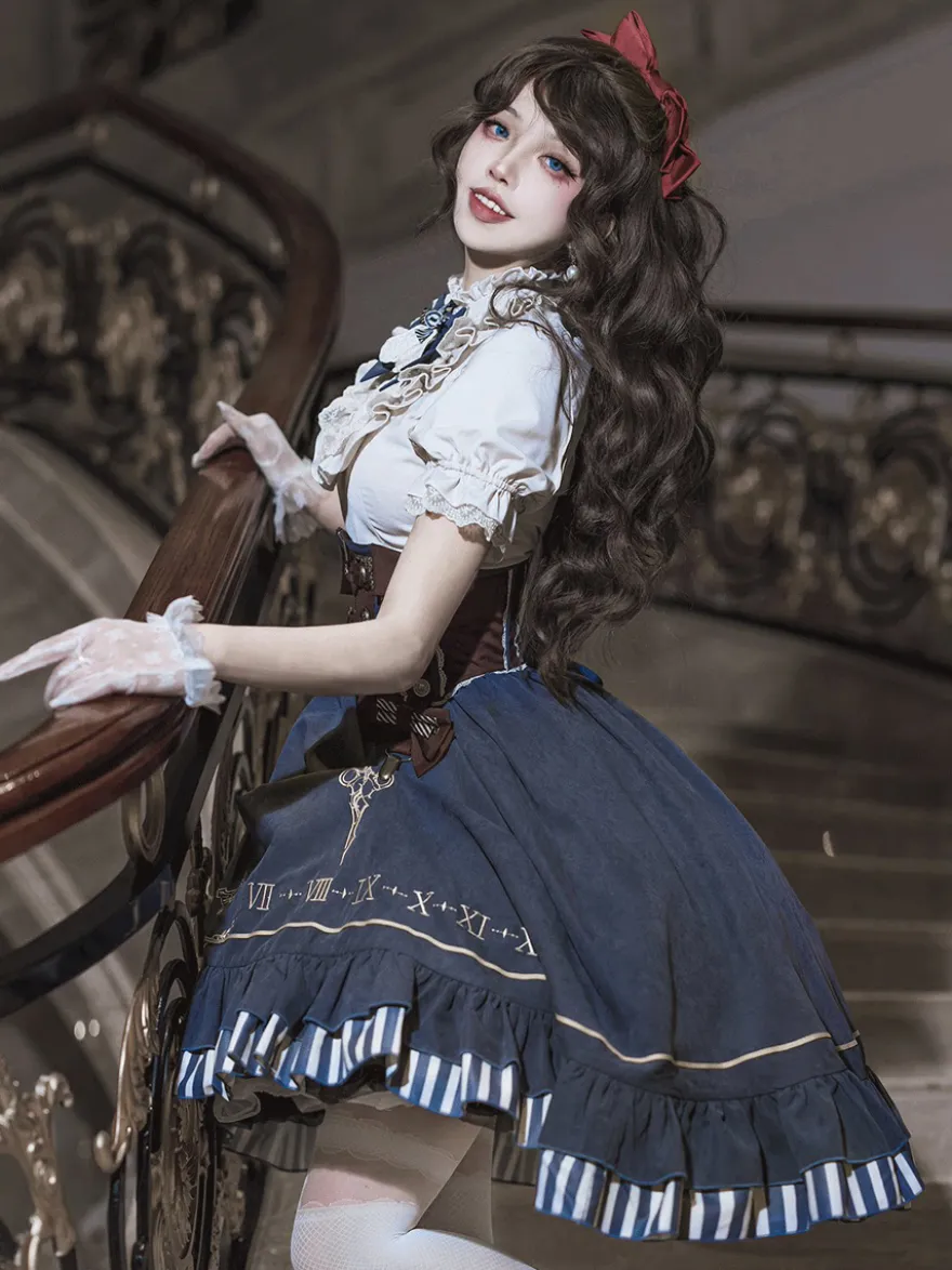 Ensemble de robes Lolita gothiques bleu marine foncé à volants et manches courtes