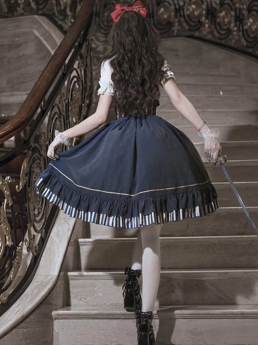 Ensemble de robes Lolita gothiques bleu marine foncé à volants et manches courtes