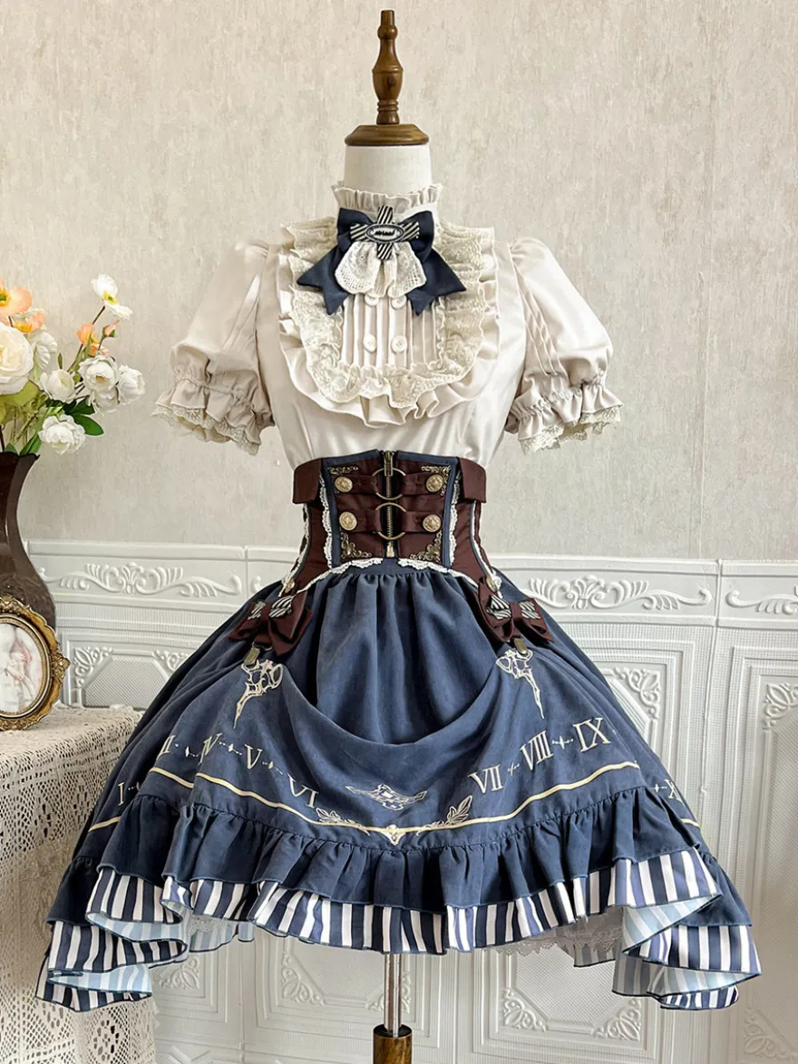 Ensemble de robes Lolita gothiques bleu marine foncé à volants et manches courtes
