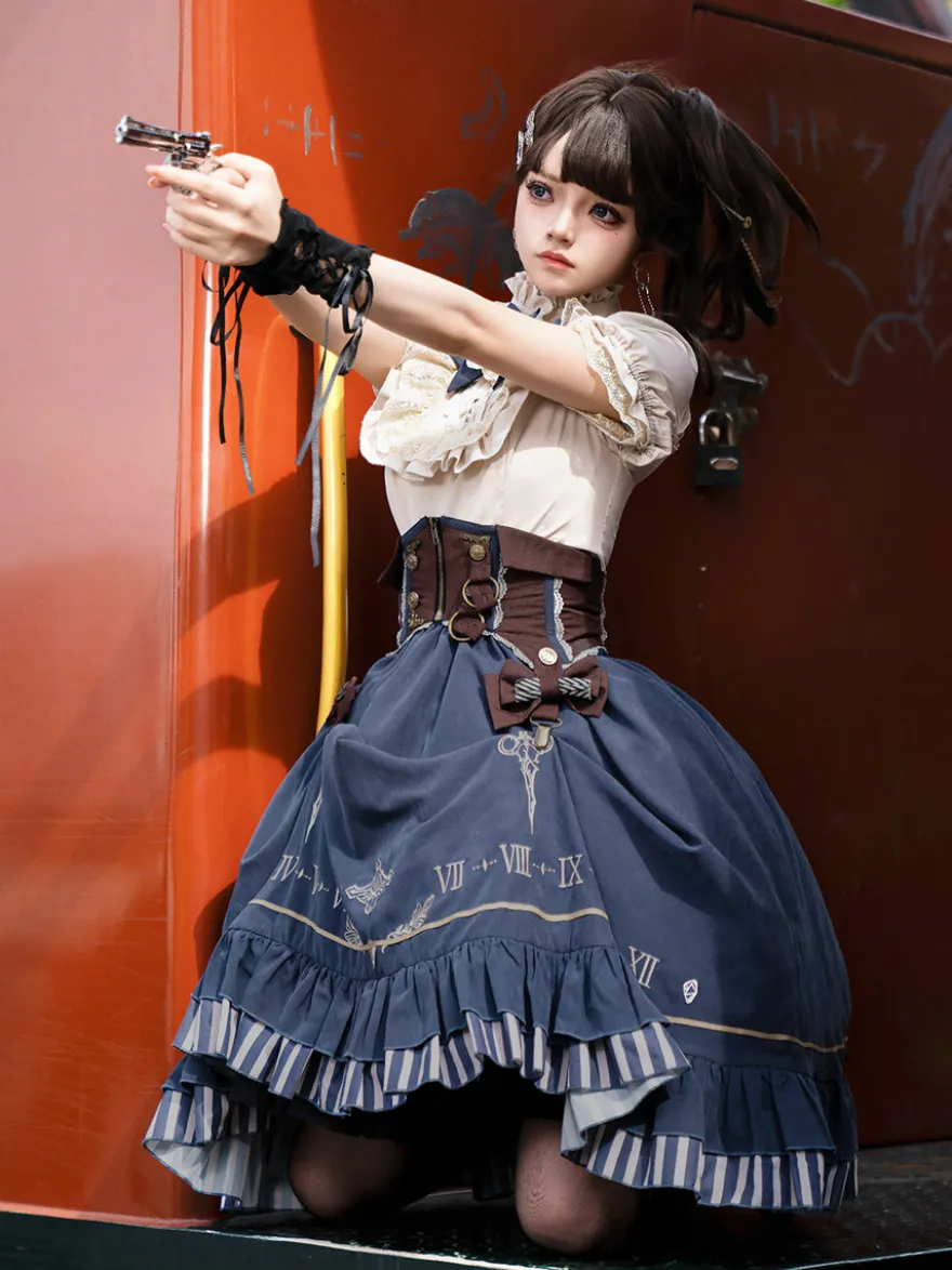 Ensemble de robes Lolita gothiques bleu marine foncé à volants et manches courtes