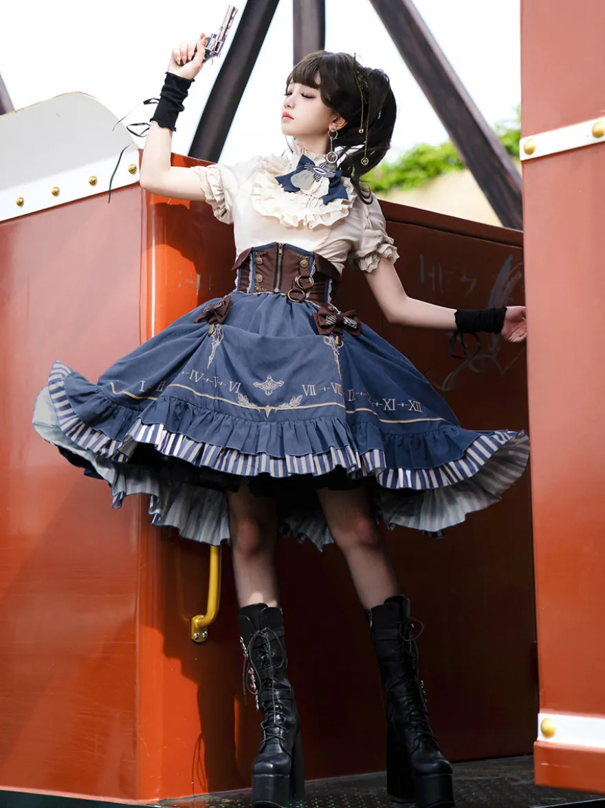 Ensemble de robes Lolita gothiques bleu marine foncé à volants et manches courtes