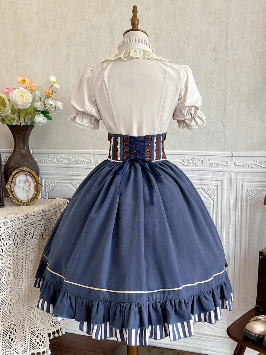 Ensemble de robes Lolita gothiques bleu marine foncé à volants et manches courtes