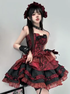 Ensemble de robes Lolita gothiques rouges sans bretelles à lacets et volants