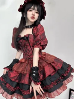 Ensemble de robes Lolita gothiques rouges sans bretelles à lacets et volants