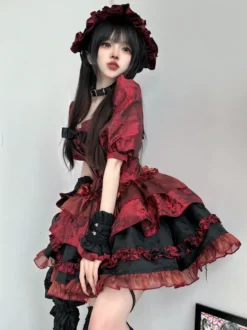 Ensemble de robes Lolita gothiques rouges sans bretelles à lacets et volants