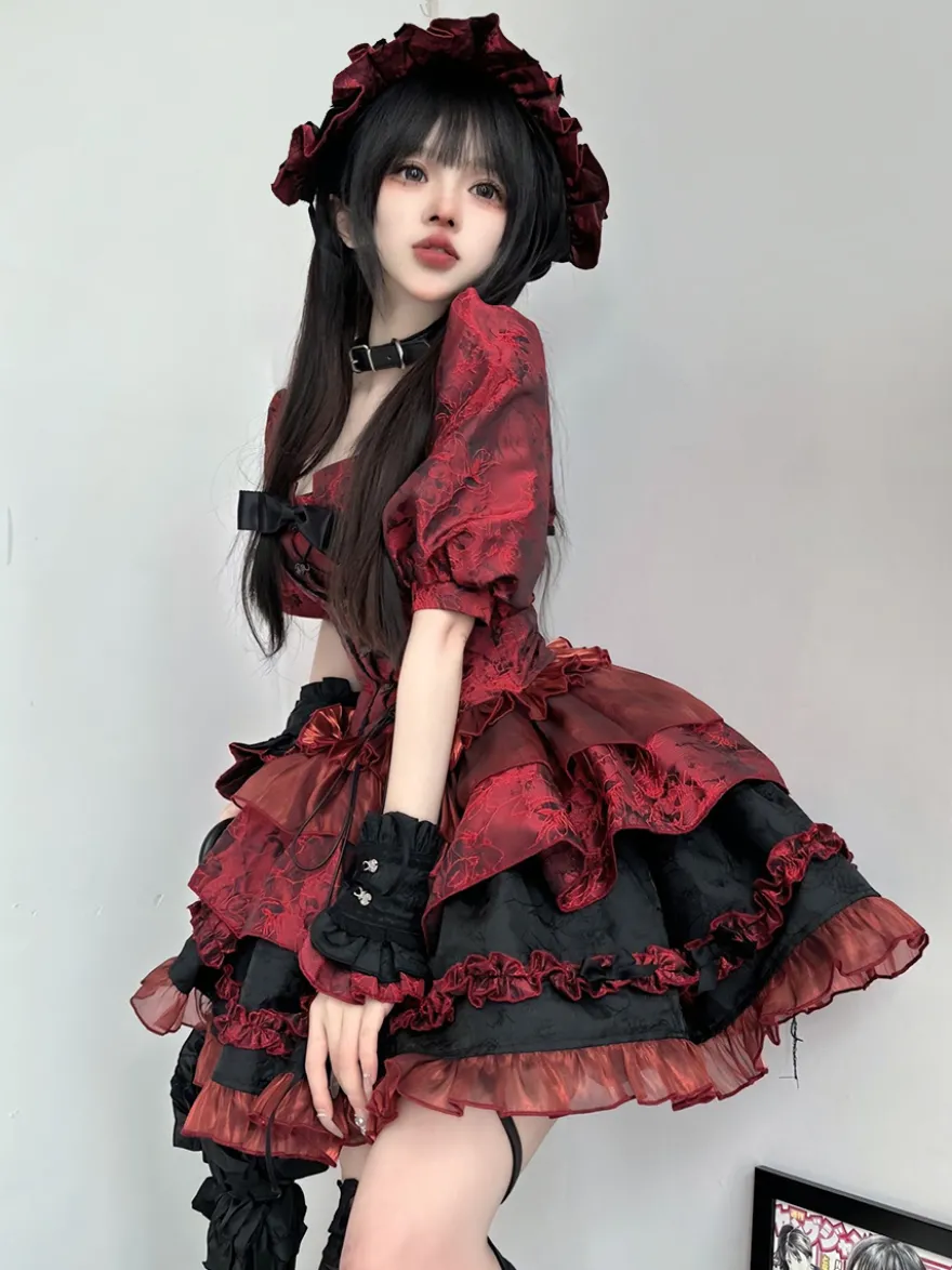 Ensemble de robes Lolita gothiques rouges sans bretelles à lacets et volants