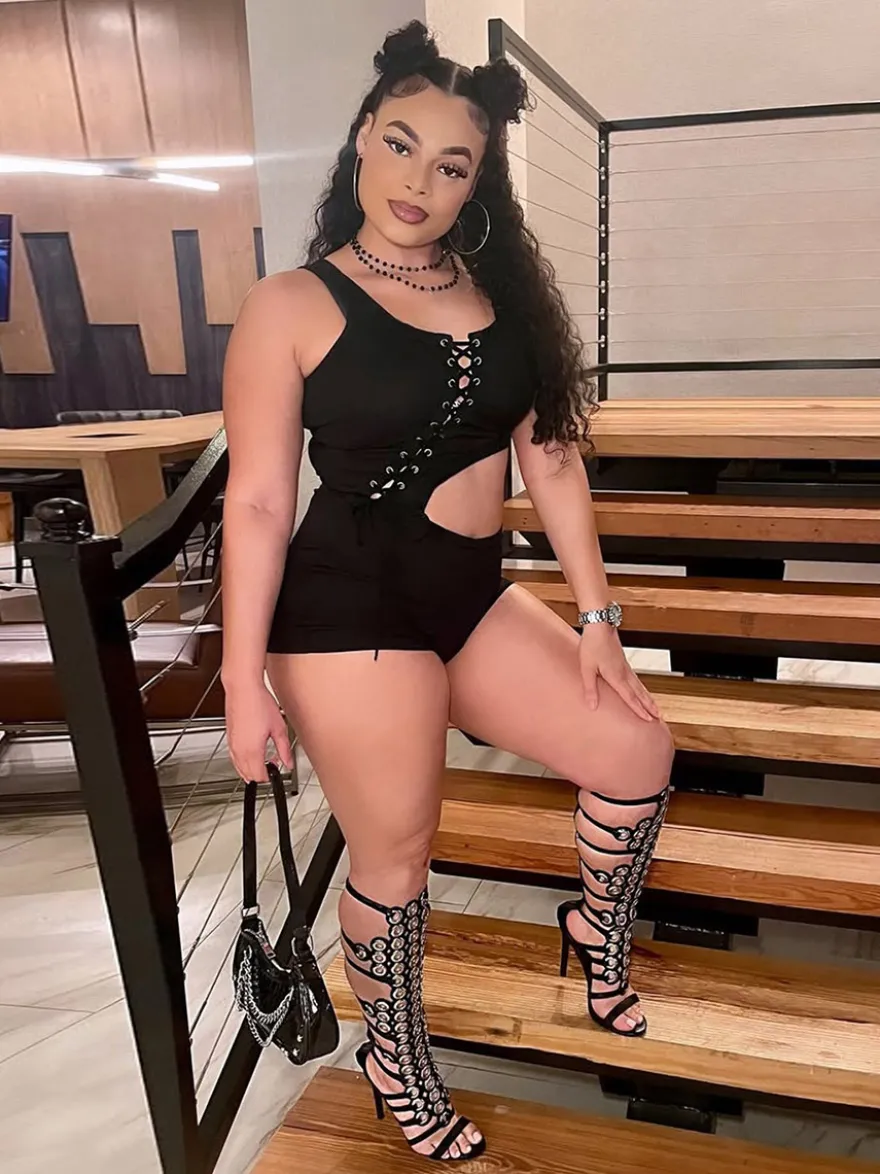 Ensemble de soirée slim noir uni pour femme cravate latérale ajourée
