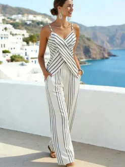 Ensemble deux pièces blanc à rayures décontractées pantalon et bretelles en polyester style décontracté au quotidien.