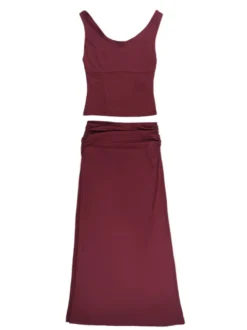 Ensemble deux pièces bordeaux chic pour rendez-vous : jupe sans manches dos nu à col en V