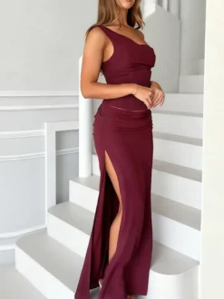 Ensemble deux pièces bordeaux chic pour rendez-vous : jupe sans manches dos nu à col en V