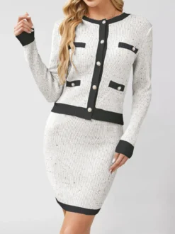 Ensemble deux pièces en maille tweed pour femme : cardigan et mini-jupe à bordures contrastées