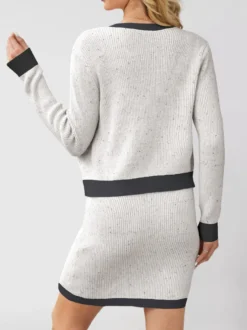 Ensemble deux pièces en maille tweed pour femme : cardigan et mini-jupe à bordures contrastées