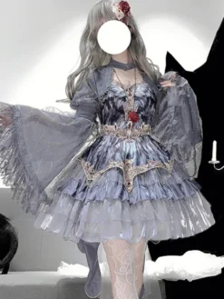 Ensemble deux pièces Gothic Lolita : robe bustier JSK et cape grise à manches transparentes