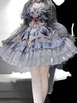 Ensemble deux pièces Gothic Lolita : robe bustier JSK et cape grise à manches transparentes