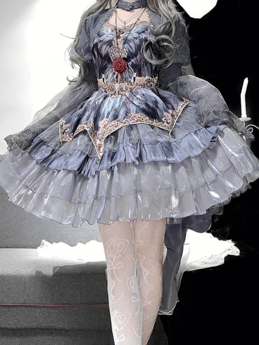 Ensemble deux pièces Gothic Lolita : robe bustier JSK et cape grise à manches transparentes
