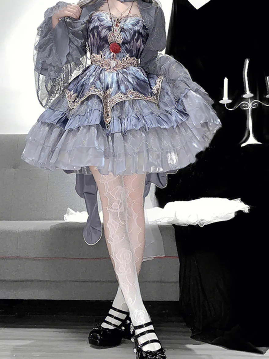 Ensemble deux pièces Gothic Lolita : robe bustier JSK et cape grise à manches transparentes