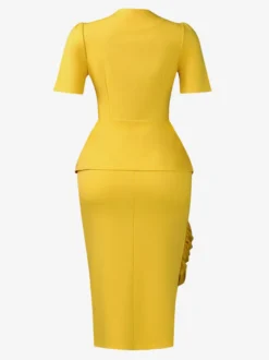 Ensemble deux pièces jaune décontracté plissé streetwear en polyester à col rond et manches courtes asymétriques