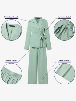 Ensemble deux pièces élégant pour femme : blazer cache-cœur tailleur pantalon à jambes larges et coupe ajustée idéal pour le printemps 2026.