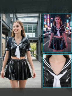 Ensemble deux pièces marin en similicuir verni : haut court à manches courtes et mini-jupe plissée tenue de cosplay ou de club pour femme