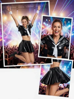 Ensemble deux pièces marin en similicuir verni : haut court à manches courtes et mini-jupe plissée tenue de cosplay ou de club pour femme