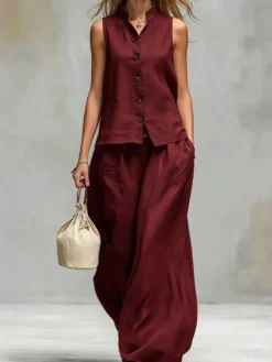 Ensemble deux pièces marron chic décontracté en coton et lin à col montant et pantalon sans manches