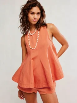 Ensemble deux pièces : mini-robe orange jean décontracté à col rond sans manches pantalon.