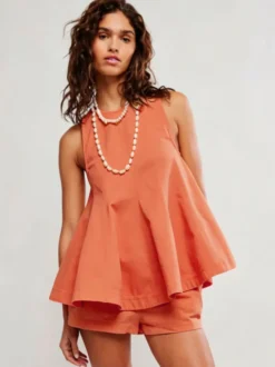 Ensemble deux pièces : mini-robe orange jean décontracté à col rond sans manches pantalon.