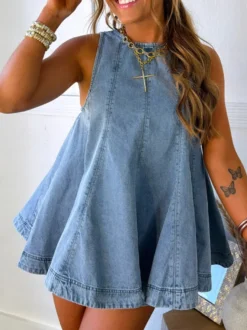 Ensemble deux pièces : mini-robe orange jean décontracté à col rond sans manches pantalon.