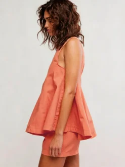 Ensemble deux pièces : mini-robe orange jean décontracté à col rond sans manches pantalon.