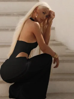 Ensemble deux pièces noir sexy pour femme - Body dos nu à col montant et jupe longue - Soirée d'été 2026