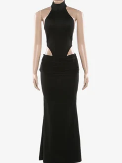 Ensemble deux pièces noir sexy pour femme - Body dos nu à col montant et jupe longue - Soirée d'été 2026