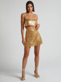 Ensemble deux pièces à paillettes haut court et mini-jupe tenue de fête d'anniversaire pour femme 2026