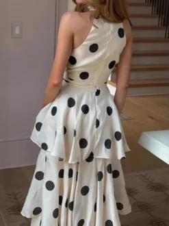 Ensemble deux pièces à pois pour femme - Haut court rétro à col halter et jupe longue à volants - Garden Party d'été 2026