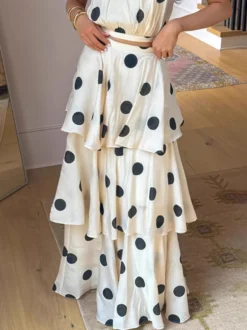 Ensemble deux pièces à pois pour femme - Haut court rétro à col halter et jupe longue à volants - Garden Party d'été 2026