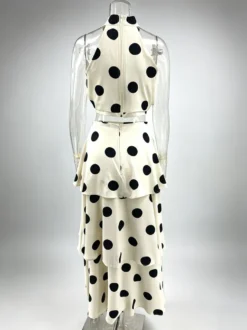 Ensemble deux pièces à pois pour femme - Haut court rétro à col halter et jupe longue à volants - Garden Party d'été 2026
