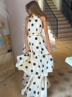 Ensemble deux pièces à pois pour femme - Haut court rétro à col halter et jupe longue à volants - Garden Party d'été 2026