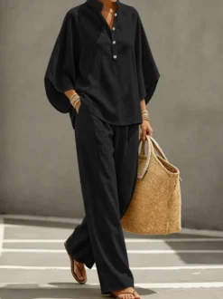 Ensemble deux pièces pour femme en lin mélangé : pantalon large à col montant et manches dolman à demi-boutons