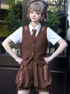 Ensemble Gothique Lolita Pantalon Sans Manches Marron Café