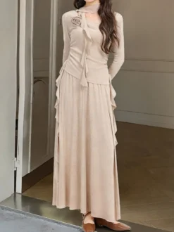 Ensemble jupe et haut dos nu à manches longues et jupe longue asymétrique à volants deux pièces pour femme tenue élégante et décontractée