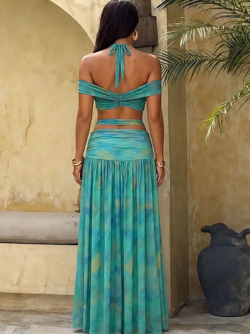 Ensemble jupe maxi 2 pièces bohème à pois épaules dénudées coupe torsadée taille haute et découpes style plage