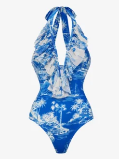 Ensemble maillot de bain bleu rétro à volants asymétriques dos nu