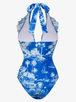 Ensemble maillot de bain bleu rétro à volants asymétriques dos nu