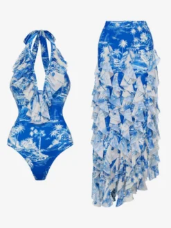 Ensemble maillot de bain bleu rétro à volants asymétriques dos nu
